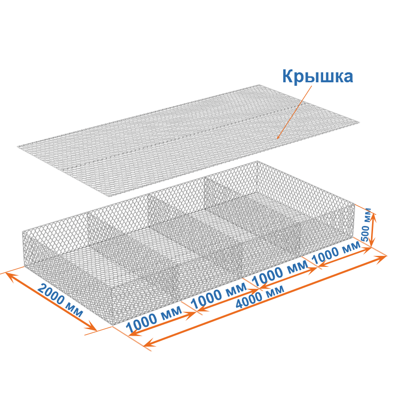 Габион матрац  ГСИ-М 4х2х0,5 оцинкованный, Ø проволоки 2,4мм, размер ячейки 6х8 см фото