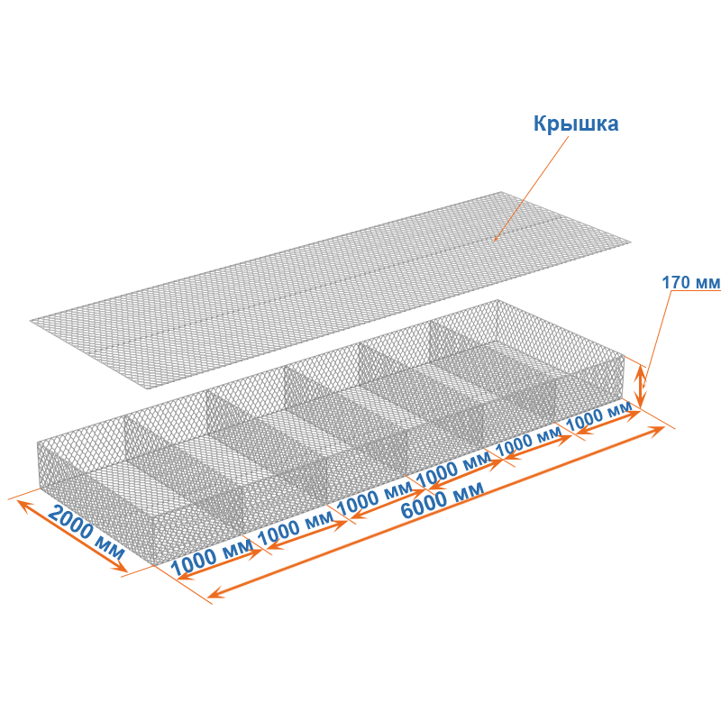 Габион матрац ГСИ-М 6х2х0,17 оцинкованный, Ø проволоки 3,0 мм, размер ячейки 8х10 см фото
